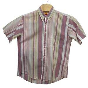 Vintage Career Club Mens Large Short Sleeve Striped Button Down Shirt Burgundy